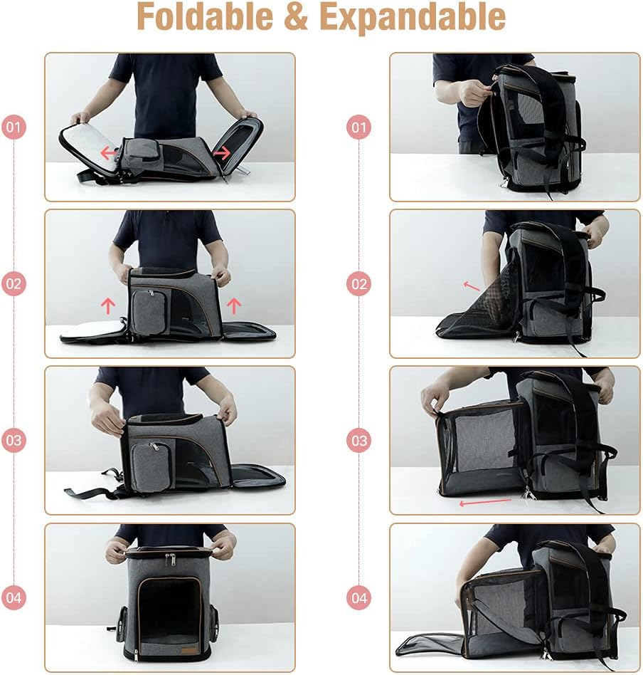 LEKESKY Expandable Pet Backpack - for Cats, Small Dogs, Puppies (Grey)