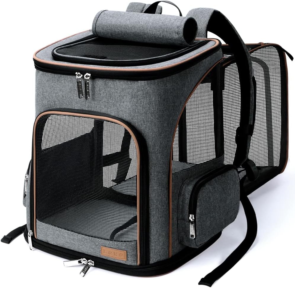 LEKESKY Expandable Pet Backpack - for Cats, Small Dogs, Puppies (Grey)