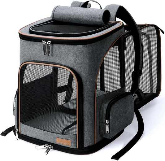 LEKESKY Expandable Pet Backpack - for Cats, Small Dogs, Puppies (Grey)